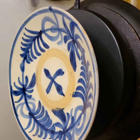 Vintage Hand Painted Bisque Ceramic Blue & White Plate Bowl - Picture 4 of 10